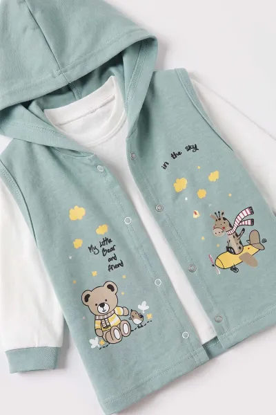 Su Yeşili (1-2 Yaş) Uçak Baskılı Çıtçıtlı Hırka Kapüşonlu Erkek Bebek 3'lü Takım 480078
