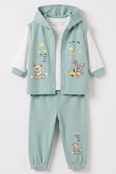 Su Yeşili (1-2 Yaş) Uçak Baskılı Çıtçıtlı Hırka Kapüşonlu Erkek Bebek 3'lü Takım 480078