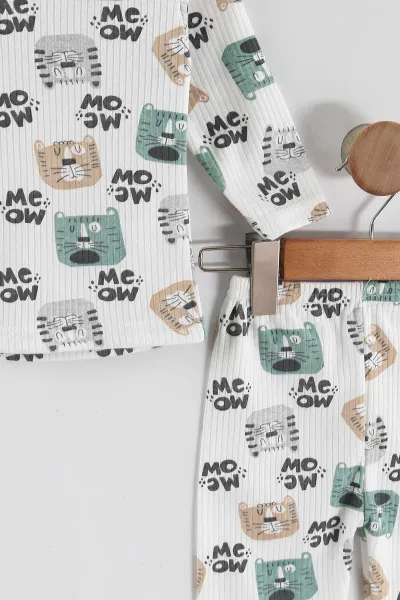 Su Yeşili (1-3 Yaş) Kedi Desenli Raporlu Çocuk Pijama Takım 459400