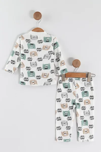 Su Yeşili (1-3 Yaş) Kedi Desenli Raporlu Çocuk Pijama Takım 459400