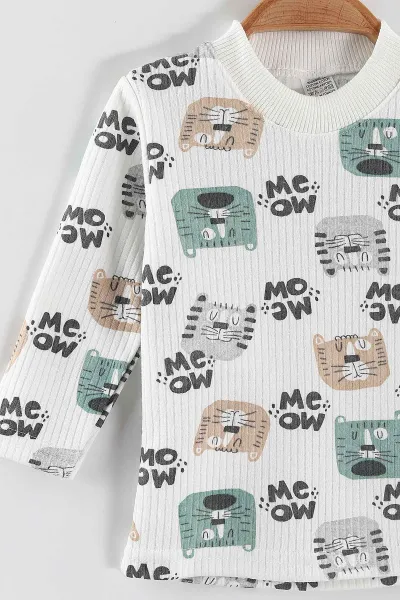 Su Yeşili (1-3 Yaş) Kedi Desenli Raporlu Çocuk Pijama Takım 459400