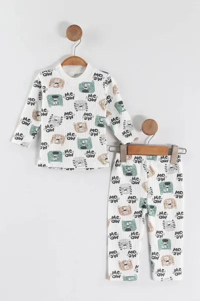 Su Yeşili (1-3 Yaş) Kedi Desenli Raporlu Çocuk Pijama Takım 459400