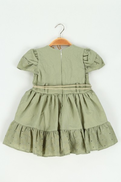 Su Yeşili (1-4 yaş) Kemerli Fisto İşlemeli Kız Çocuk Elbise 118178
