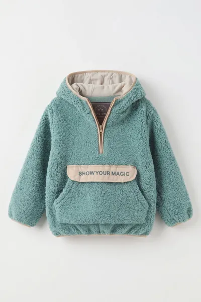 Su Yeşili (1-8 Yaş)  Nakışlı Kapüşonlu Kanguru Cepli Yarım Fermuarlı Kuzu Kız &Bebek Çocuk Sweatshirt 497457
