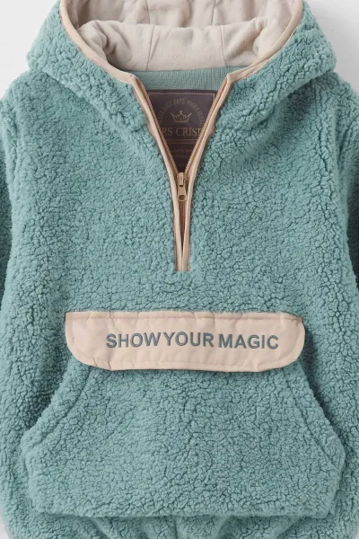 Su Yeşili (1-8 Yaş)  Nakışlı Kapüşonlu Kanguru Cepli Yarım Fermuarlı Kuzu Kız &Bebek Çocuk Sweatshirt 497457