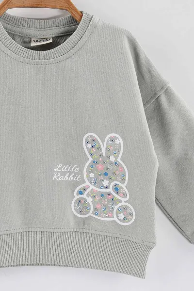 Su Yeşili (1-4 Yaş)Tavşan Baskılı  Taşlı Kız Çocuk Sweatshirt 432956