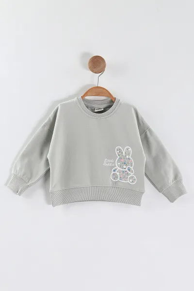 Su Yeşili (1-4 Yaş)Tavşan Baskılı  Taşlı Kız Çocuk Sweatshirt 432956
