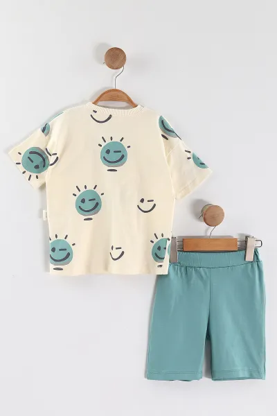 Su Yeşili (1-5 Yaş) Emoji  Baskılı Tişörtlü ve Şortlu Süprem Erkek Çocuk Yazlık Takım 446234