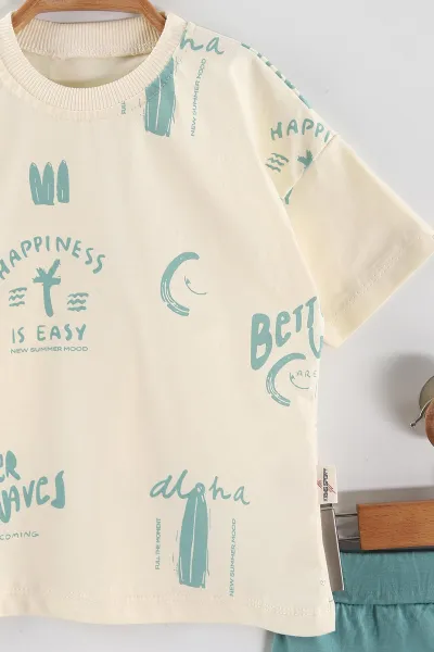 Su Yeşili (1-5 Yaş) Happiness  Baskılı Tişörtlü ve Şortlu Süprem Erkek Çocuk Yazlık Takım 446238