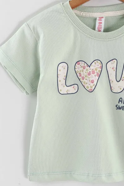 Su Yeşili (1-5 Yaş) Love Baskılı  Çiçekli Şortlu Kız Çocuk Yazlık Takım 439231