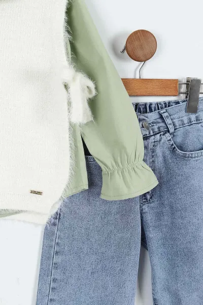 Su Yeşili (1-9 Yaş) Bebe Yaka Gömlekli Sakallı  Süveterli  ve Kot  Pantolonlu  Kız Çocuk 3'lü Takım 410348