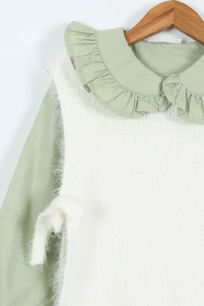 Su Yeşili (1-9 Yaş) Bebe Yaka Gömlekli Sakallı  Süveterli  ve Kot  Pantolonlu  Kız Çocuk 3'lü Takım 410348