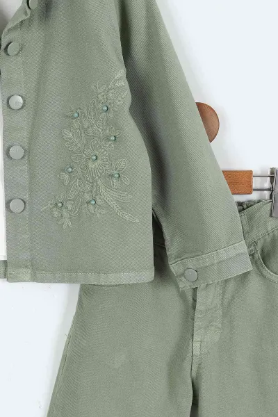 Su Yeşili (1-9 Yaş) Çiçek Nakışlı Kısa Kol Tişörtlü Keten Ceket ve Pantolonlu  Kız Çocuk 3'lü Takım 410357
