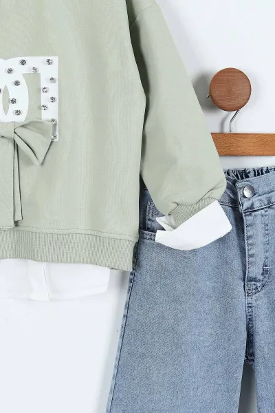 Su Yeşili (1-9 Yaş)  Gömlekli  Taşlı Baskılı Sweatli   Kot Pantolonlu Kız Çocuk 3'lü Takım 410328