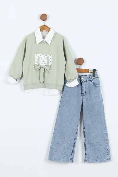 Su Yeşili (1-9 Yaş)  Gömlekli  Taşlı Baskılı Sweatli   Kot Pantolonlu Kız Çocuk 3'lü Takım 410328