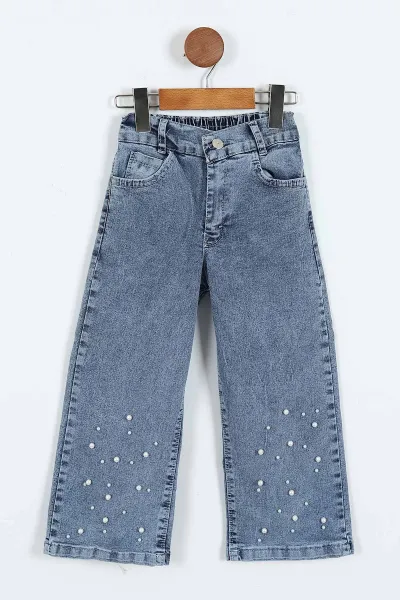 Su Yeşili (1-9 Yaş) İnci İşlemeli Kot Pantolonlu 2 İp Kız Çocuk Takım 416944