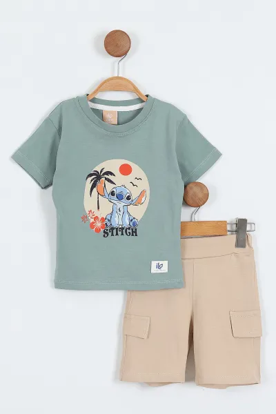 Su Yeşili (2-5 Yaş) Stich Baskılı   Şortlu Erkek Çocuk Yazlık Takım 357533