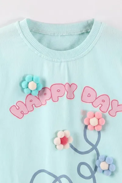 Su Yeşili (2-6 Yaş)Happy Go Baskılı Ponponlu Kız Çocuk 2'li  Takım 472906