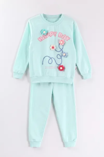 Su Yeşili (2-6 Yaş)Happy Go Baskılı Ponponlu Kız Çocuk 2'li  Takım 472906