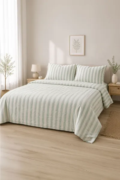 Su Yeşili 200x220 Cm Bella Home Çift Kişilik İpliği Boyalı Naturel Nevresim Takımı -  Zarif Desen & Premium Kalite 475864