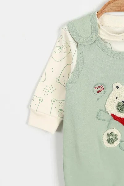 Su Yeşili (3-12 Ay)Fularlı Ayı Nakışlı Erkek Bebek Salopet Takım 424719