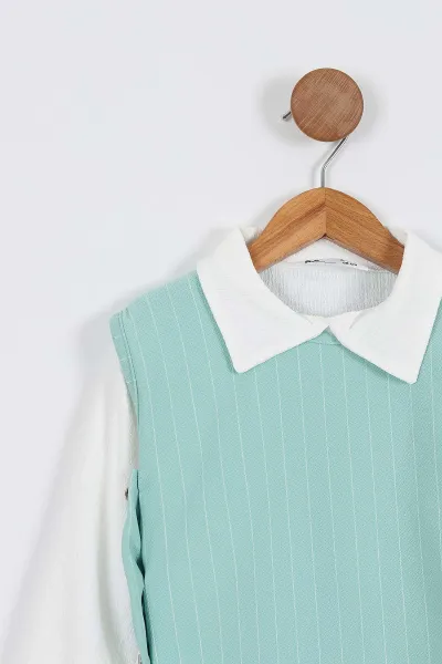 Su Yeşili (3-12 Yaş) Krep Kumaş Bürümcük Gömlek Yaka Badili Kız Çocuk 3'lü Takım 337376