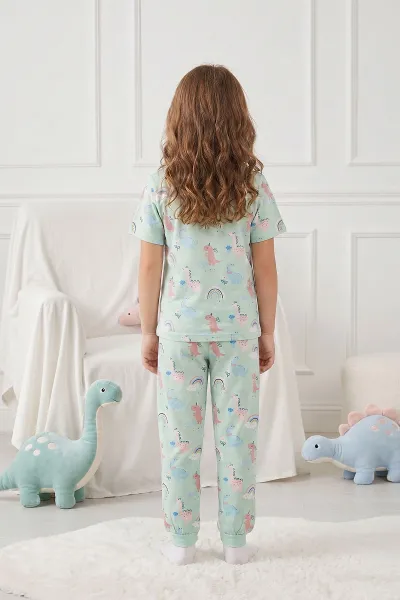 Su Yeşili (3-12 Yaş)Gökkuşağı Desen Kız Çocuk Pijama Takımı 461476