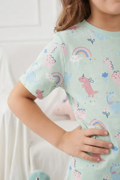 Su Yeşili (3-12 Yaş)Gökkuşağı Desen Kız Çocuk Pijama Takımı 461476