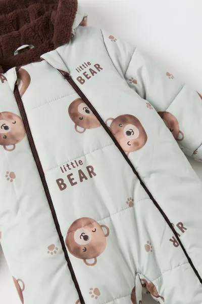 Su Yeşili (3-18 Ay)  Little Bear Desenli İçi Kürklü Çıkarılabilir Patik ve Eldivenli Kapüşonlu Bebek Kozmonot Astronot Tulum 496428
