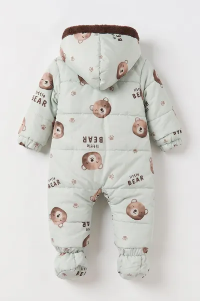 Su Yeşili (3-18 Ay)  Little Bear Desenli İçi Kürklü Çıkarılabilir Patik ve Eldivenli Kapüşonlu Bebek Kozmonot Astronot Tulum 496428