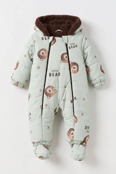 Su Yeşili (3-18 Ay)  Little Bear Desenli İçi Kürklü Çıkarılabilir Patik ve Eldivenli Kapüşonlu Bebek Kozmonot Astronot Tulum 496428