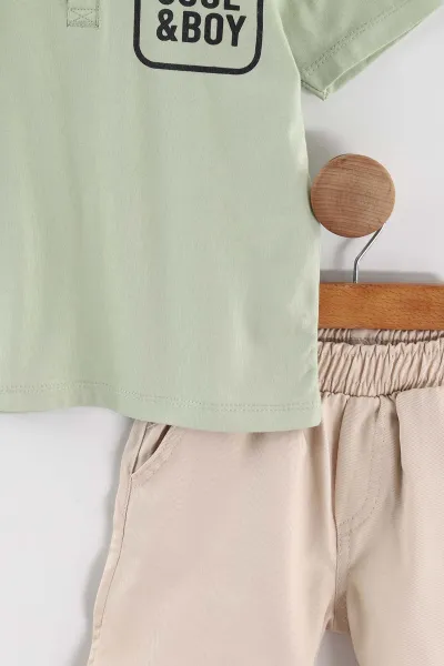 Su Yeşili (3-6 Yaş) Polo Yaka Cool Boy Baskılı Tişörtlü Gabardin Şortlu Erkek Çocuk Yazlık 2'li Takım 465864