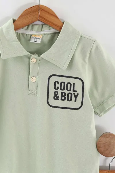 Su Yeşili (3-6 Yaş) Polo Yaka Cool Boy Baskılı Tişörtlü Gabardin Şortlu Erkek Çocuk Yazlık 2'li Takım 465864