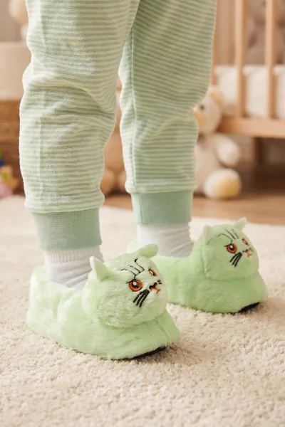 Su Yeşili ( 30 - 35 ) Kedi Figürlü Peluş Kız Çocuk Panduf 490439