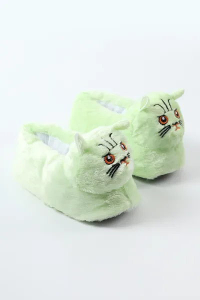 Su Yeşili ( 30 - 35 ) Kedi Figürlü Peluş Kız Çocuk Panduf 490439