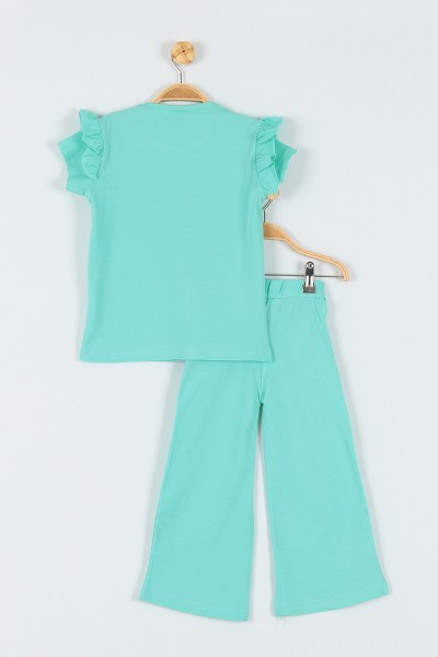 Su Yeşili (4-10 Yaş) Tavşan Baskılı Kol Fırfırlı İspanyol Paça Kız Çocuk Takım 177657