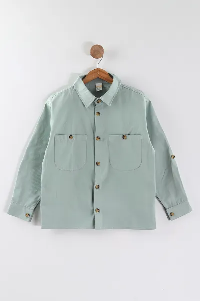 Su Yeşili (4-13 Yaş)  Çift Cepli Oversize Kalıp Erkek Çocuk Gabardin Gömlek 442188