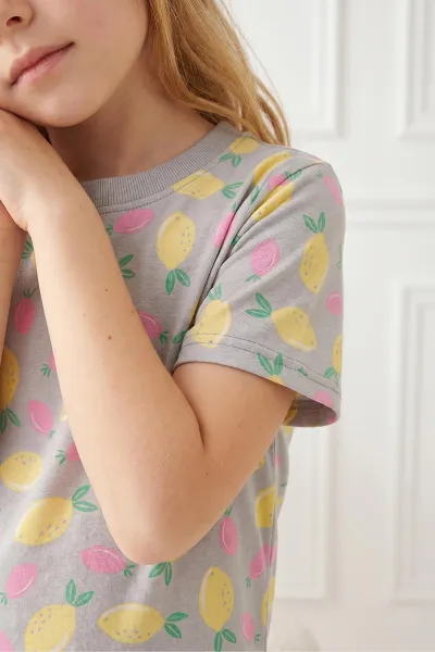 Su Yeşili (4-13 Yaş)Limon Desenli Kız Çocuk Pijama Takımı 461473