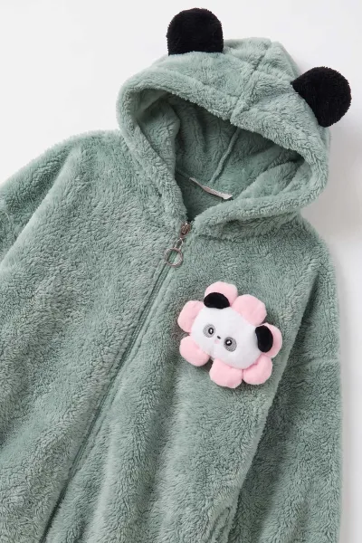 Su Yeşili (5-10 Yaş) Oyuncaklı Kapüşonlu Peluş Kız Çocuk Hırka 497441