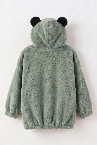 Su Yeşili (5-10 Yaş) Oyuncaklı Kapüşonlu Peluş Kız Çocuk Hırka 497441