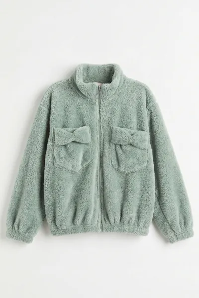 Su Yeşili (5-11 Yaş) Cepli Peluş Kız Çocuk Hırka 498159