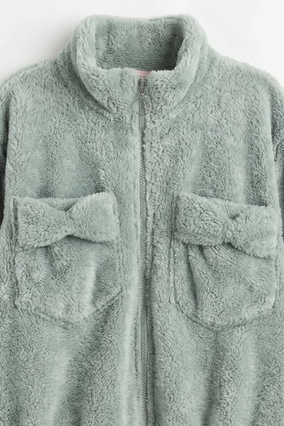 Su Yeşili (5-11 Yaş) Cepli Peluş Kız Çocuk Hırka 498159