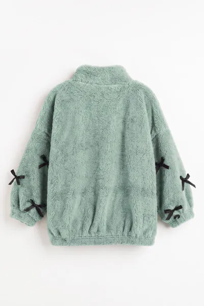 Su Yeşili (5-11 Yaş)Kolları Fiyonklu Peluş Kız Çocuk Hırka 498270