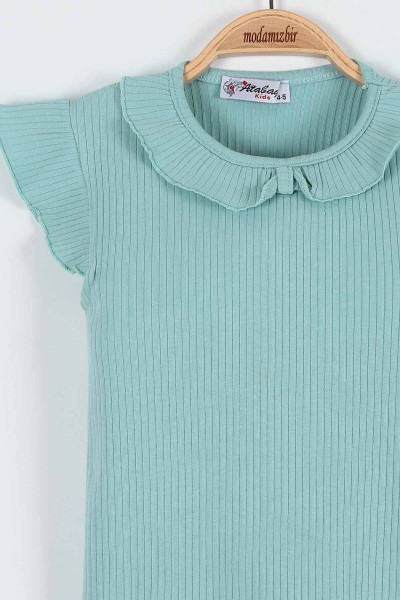Su Yeşili (5-8 Yaş) Fiyonklu Fitilli Yaka Cep Detaylı Şortlu Kız Bebe Takım 184811
