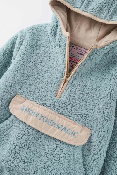 Su Yeşili (1-8 Yaş)  Nakışlı Kapüşonlu Kanguru Cepli Yarım Fermuarlı Kuzu Kız &Bebek Çocuk Sweatshirt 497455