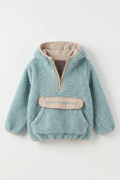 Su Yeşili (1-8 Yaş)  Nakışlı Kapüşonlu Kanguru Cepli Yarım Fermuarlı Kuzu Kız &Bebek Çocuk Sweatshirt 497455