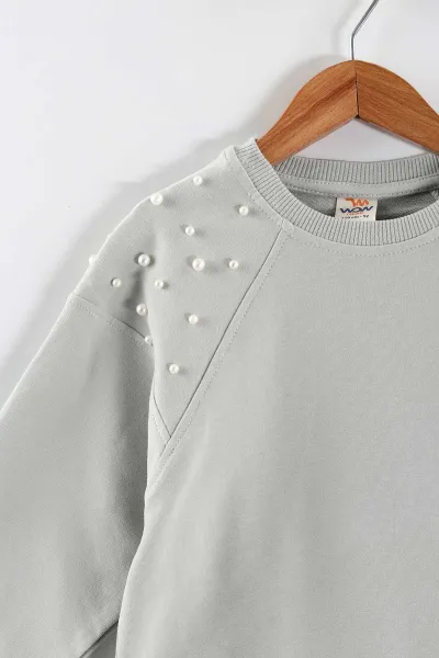 Su Yeşili (5-8 Yaş)Omuzları İncili Kız Çocuk Sweatshirt 432897