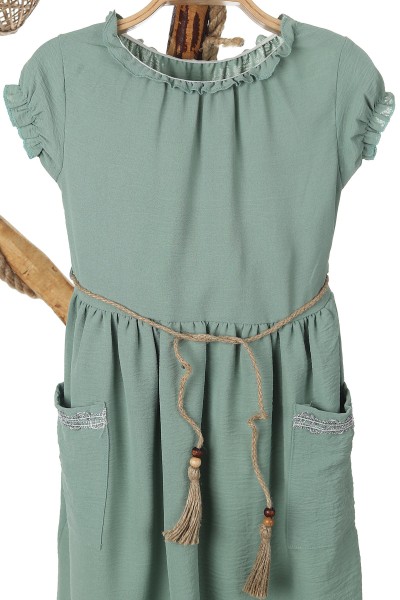 Su Yeşili (6-10 Yaş) Cep Şeritli Boyun Kol Lastikli Bel Bağlamalı Kız Çocuk Elbise 165439