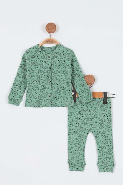Su Yeşili (6-12 Ay) Aslan Baskılı Önü Çıtçıtlı Erkek Bebe Pijama Takım 196991