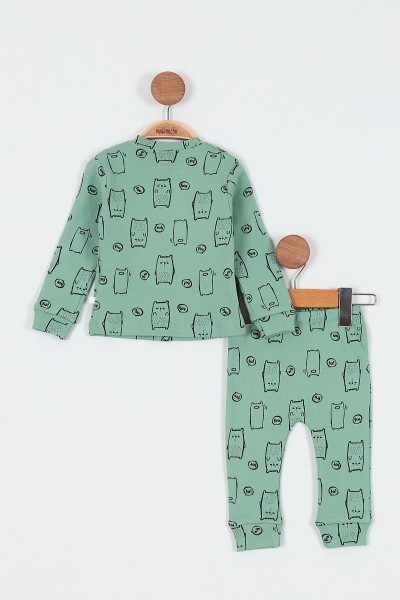 Su Yeşili (6-12 Ay) Kedi Baskılı Önü Çıtçıtlı Erkek Bebe Pijama Takım 196988